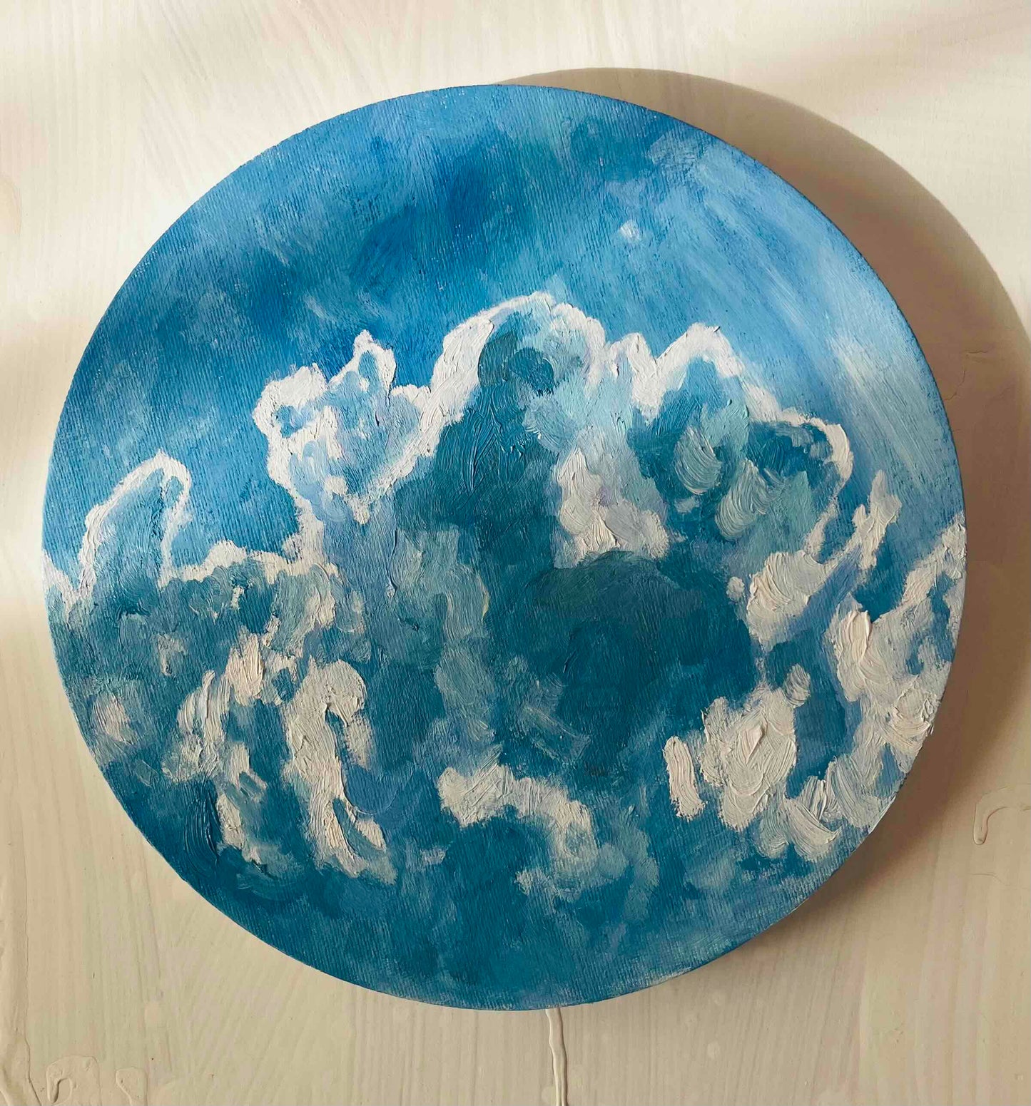 原画・油彩「夏の空」絵画・直径25㎝・アート・丸形キャンバス