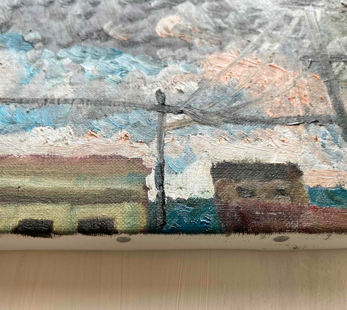 原画・油彩「工場と空」絵画・F3(22×27㎝)