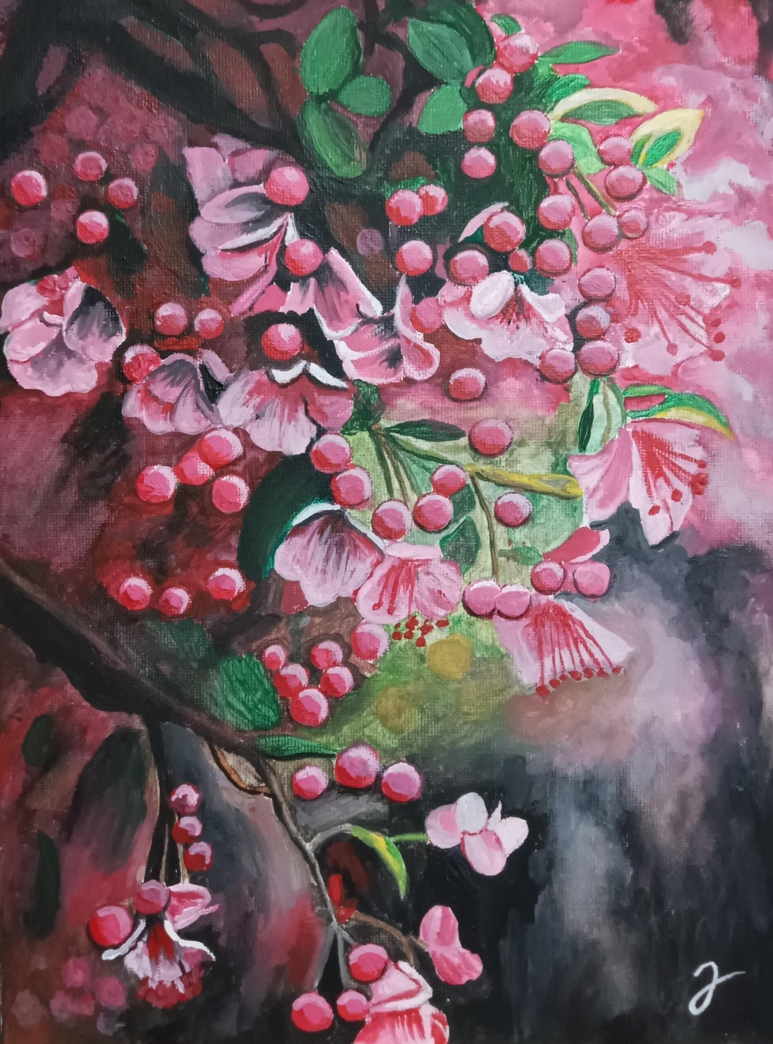 油彩画 花 ピンク ダークグリーン 鶴田吾郎 『花とカナリヤ』 油彩画 - 北海道画廊