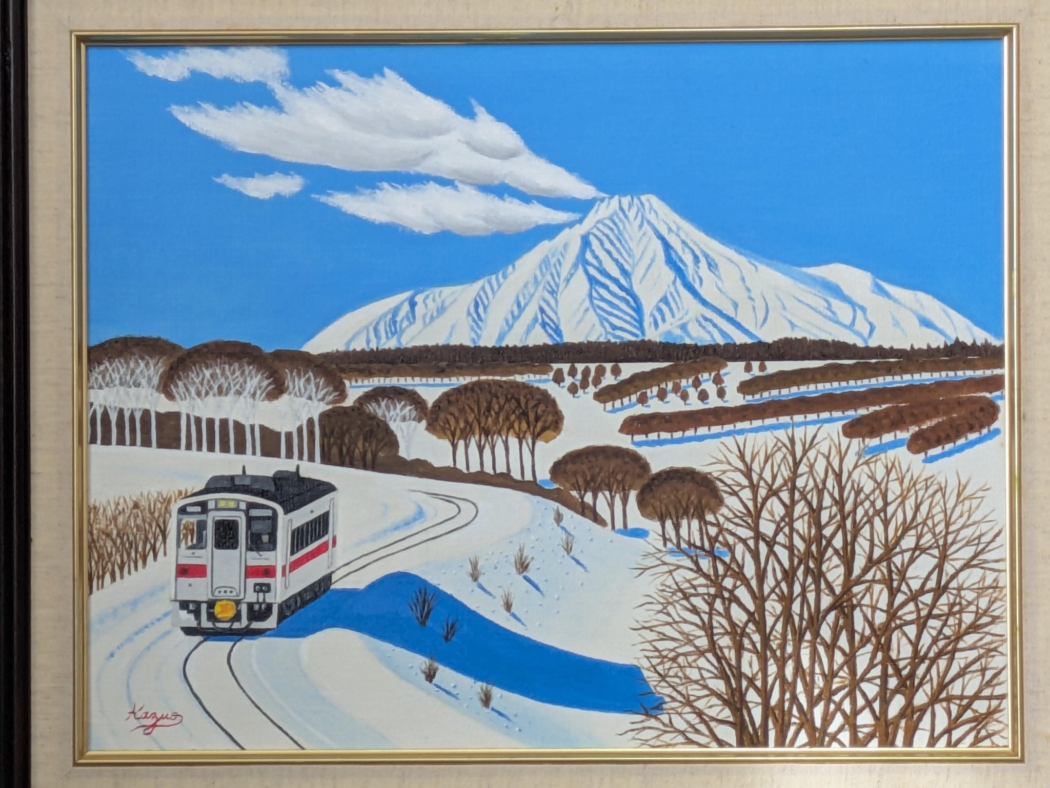 ★冬の利尻富士と走る電車・肉筆油彩画・F6キャンバスのみ 絵画の通販、購入ならFROM ARTIST/作品名：冬の利尻富士と走る電車
