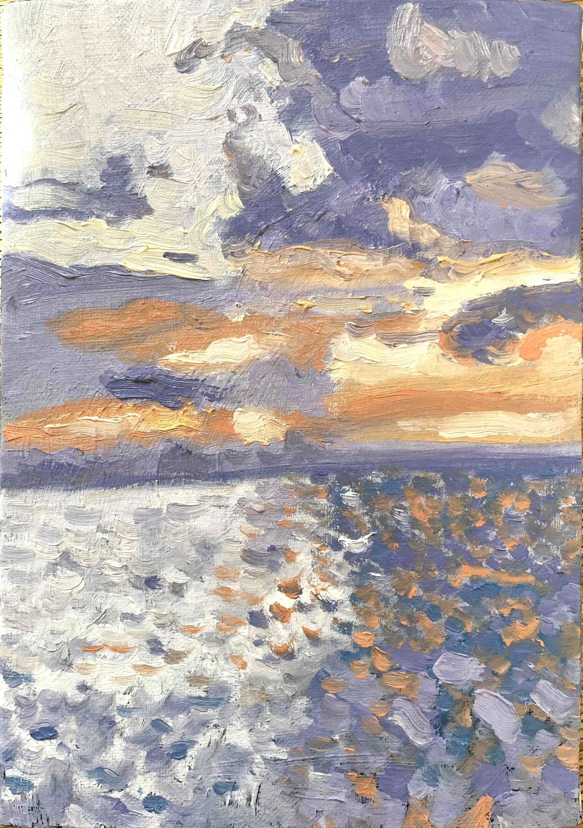 原画　油彩「バイオレット色の海」絵画・サムホール（16×23㎝）アート・キャンバス