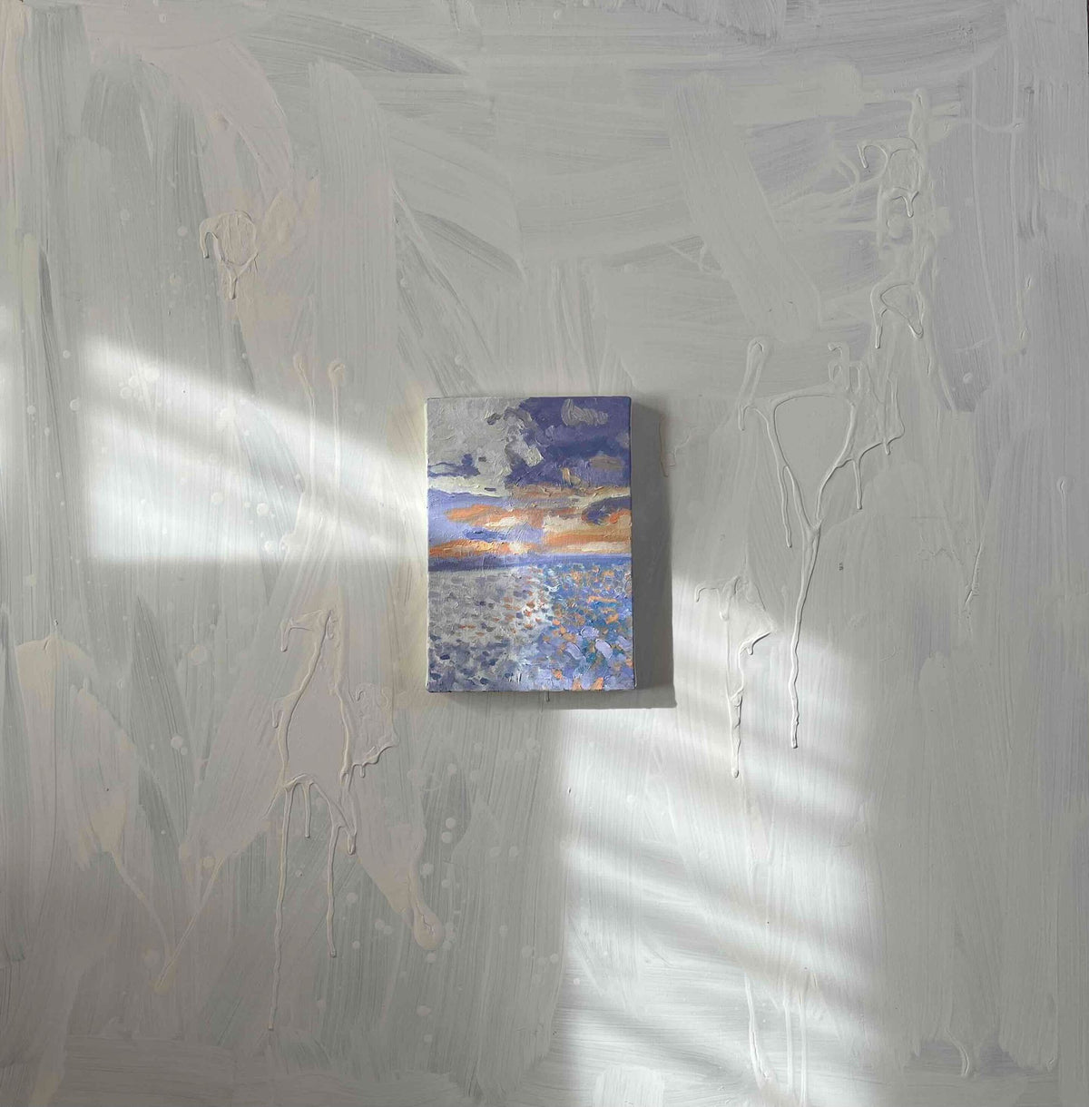 原画　油彩「バイオレット色の海」絵画・サムホール（16×23㎝）アート・キャンバス