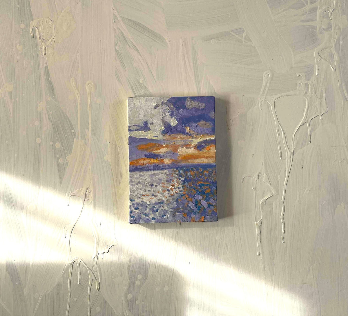 原画　油彩「バイオレット色の海」絵画・サムホール（16×23㎝）アート・キャンバス