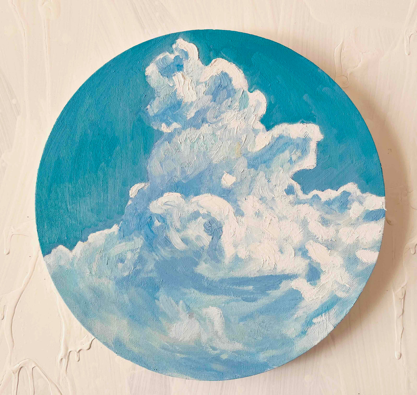 原画・油彩「夏の空」絵画・ 直径30cm アート・丸形キャンバス