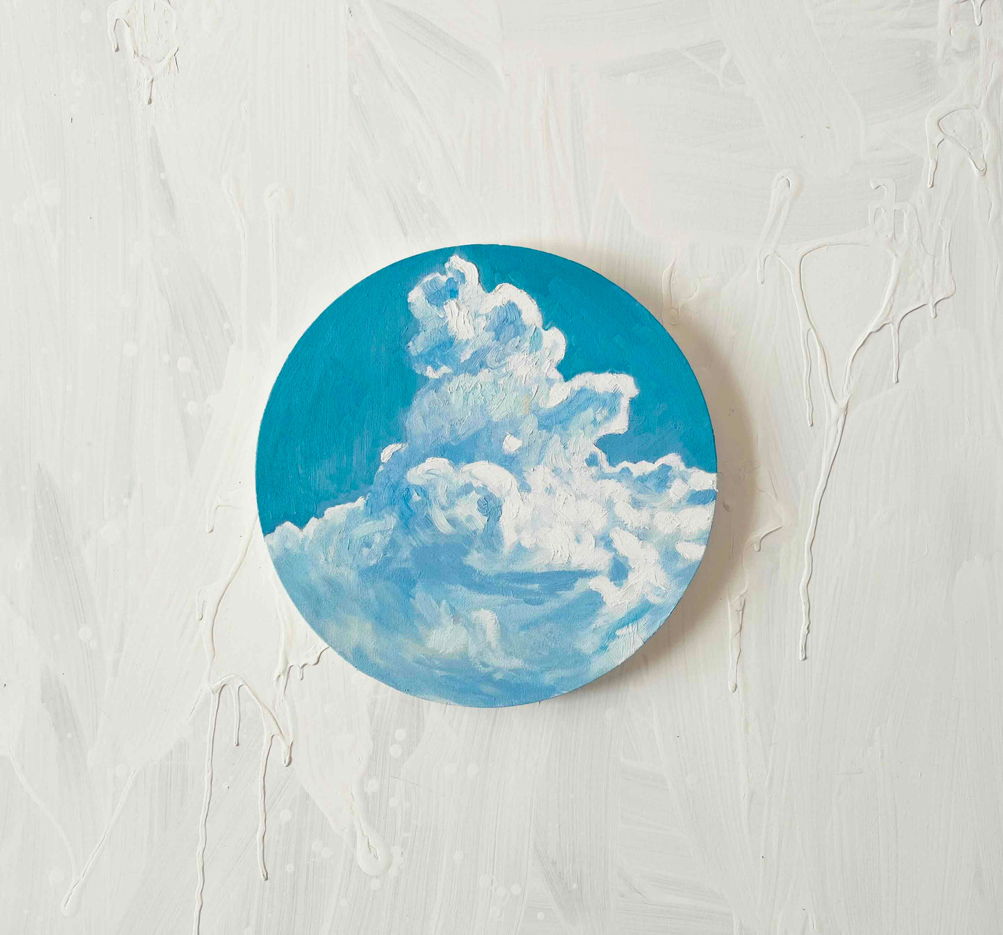 原画・油彩「夏の空」絵画・ 直径30cm アート・丸形キャンバス