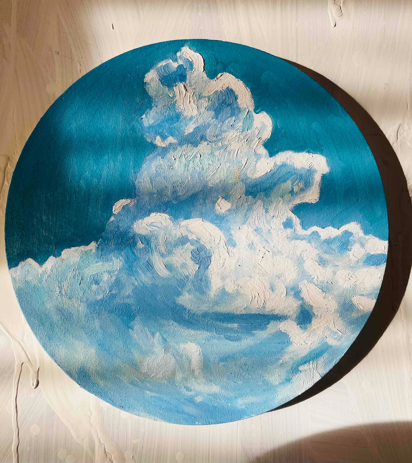 原画・油彩「夏の空」絵画・ 直径30cm アート・丸形キャンバス
