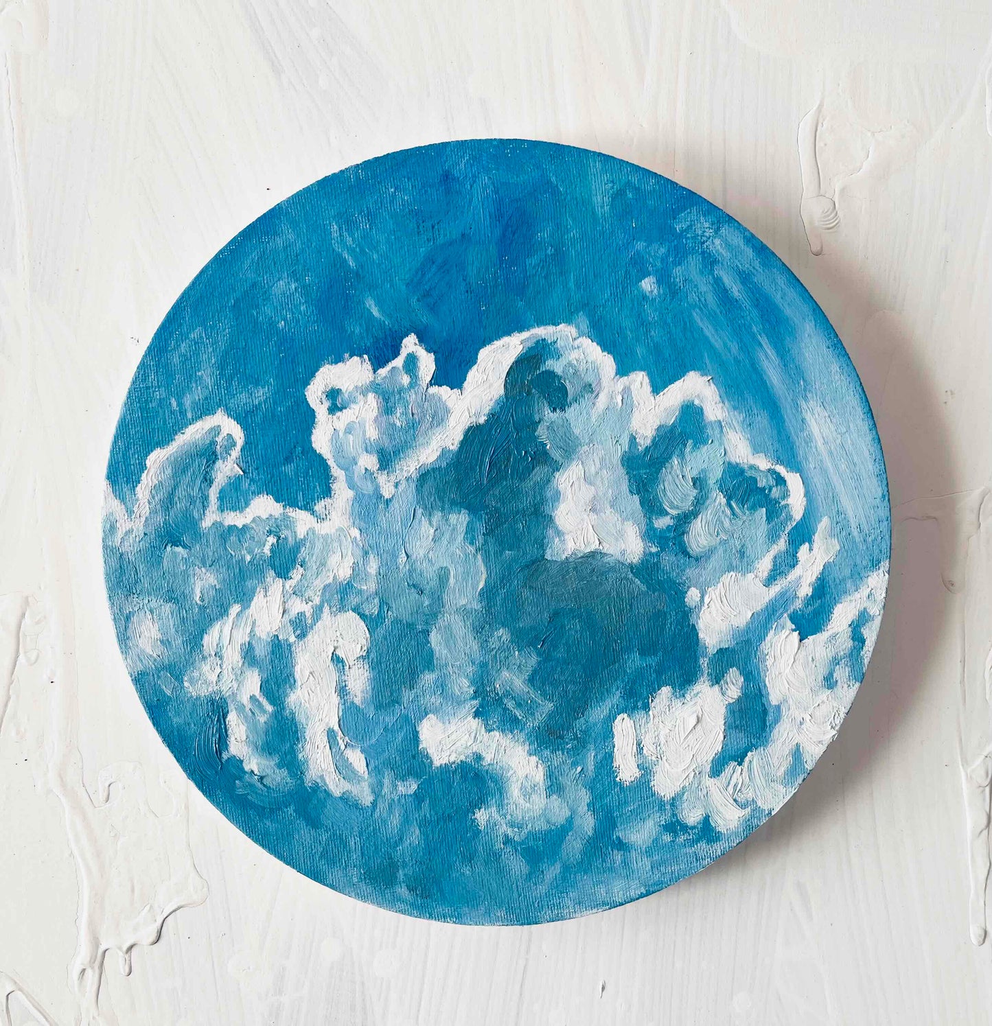 原画・油彩「夏の空」絵画・直径25㎝・アート・丸形キャンバス