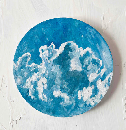 原画・油彩「夏の空」絵画・直径25㎝・アート・丸形キャンバス