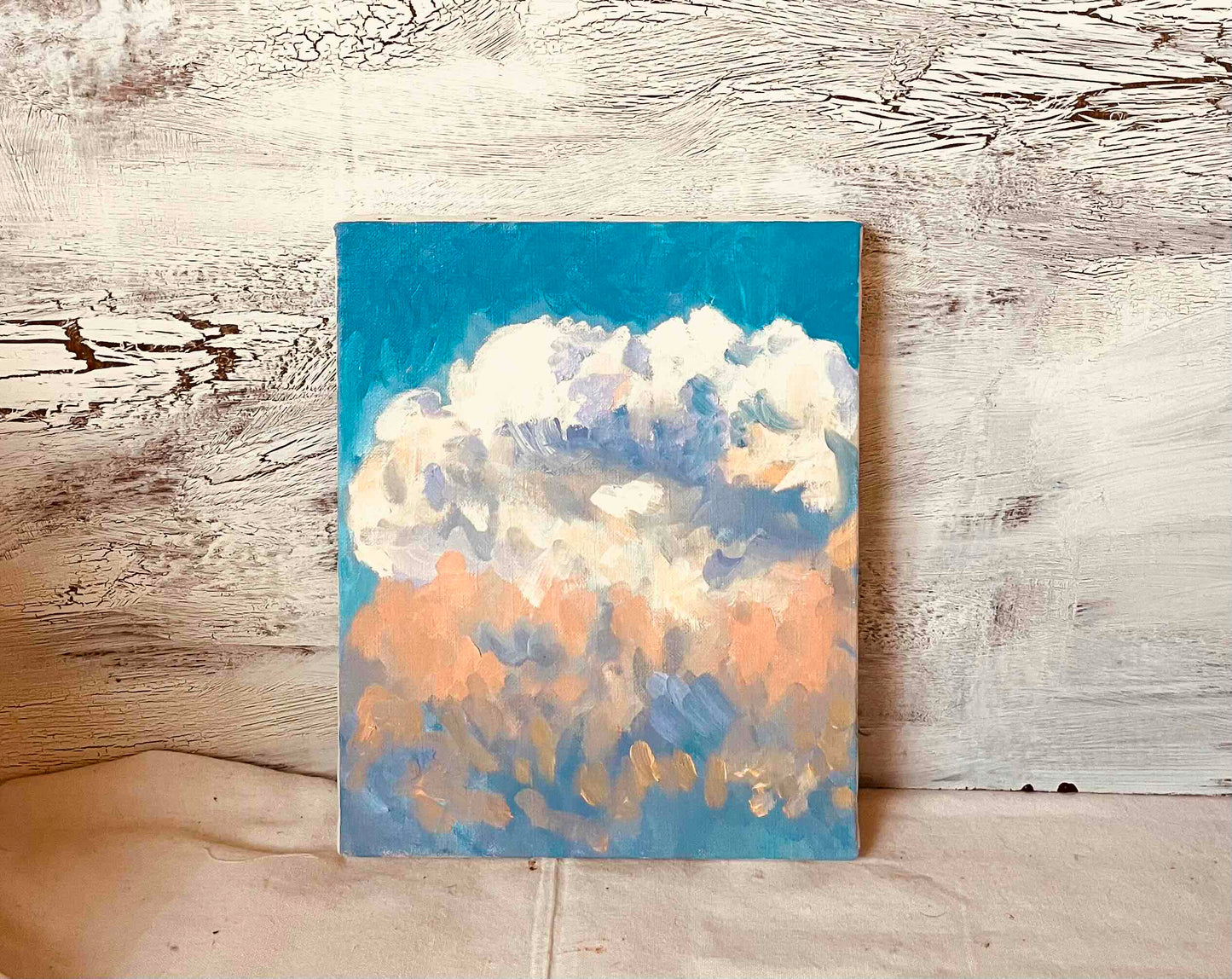 原画・油彩「夏の夕方の空」絵画 ・F3（22×27㎝ ）アート・キャンバス