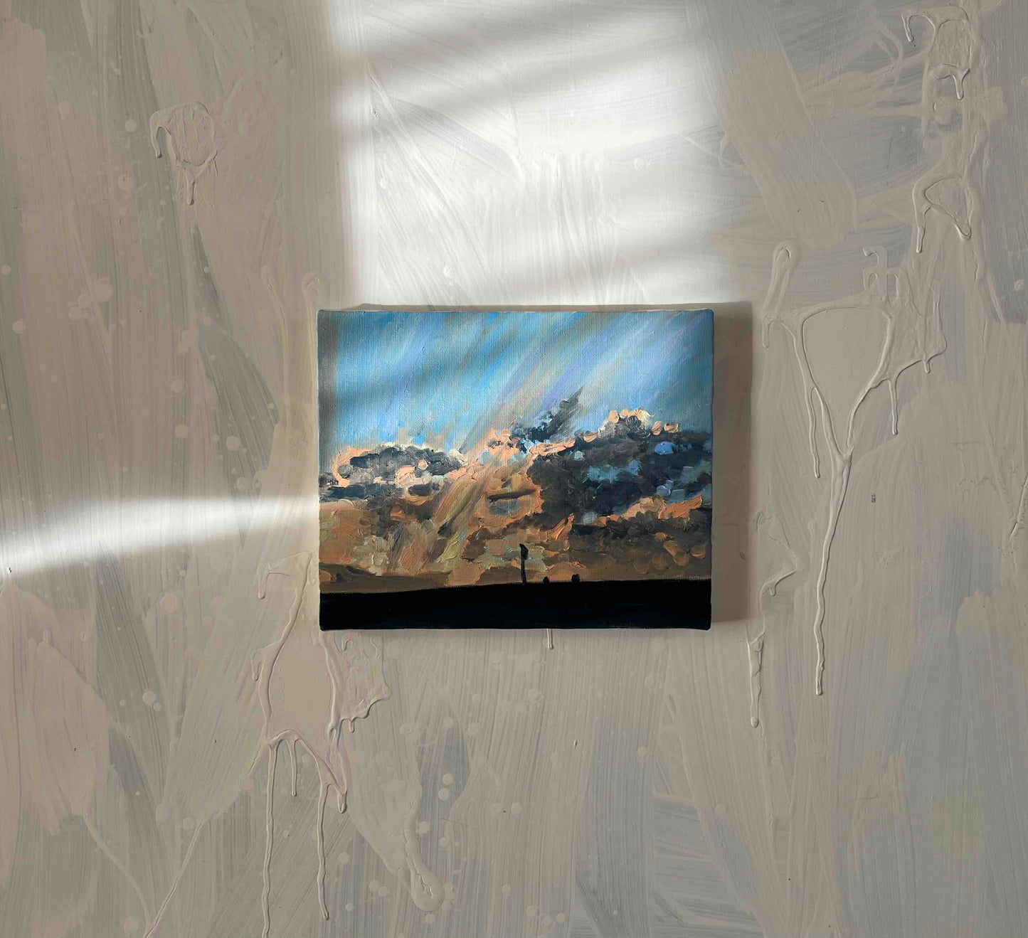 原画・油彩「高速と夕空」絵画・F3（ 22×27㎝）アート・キャンバス