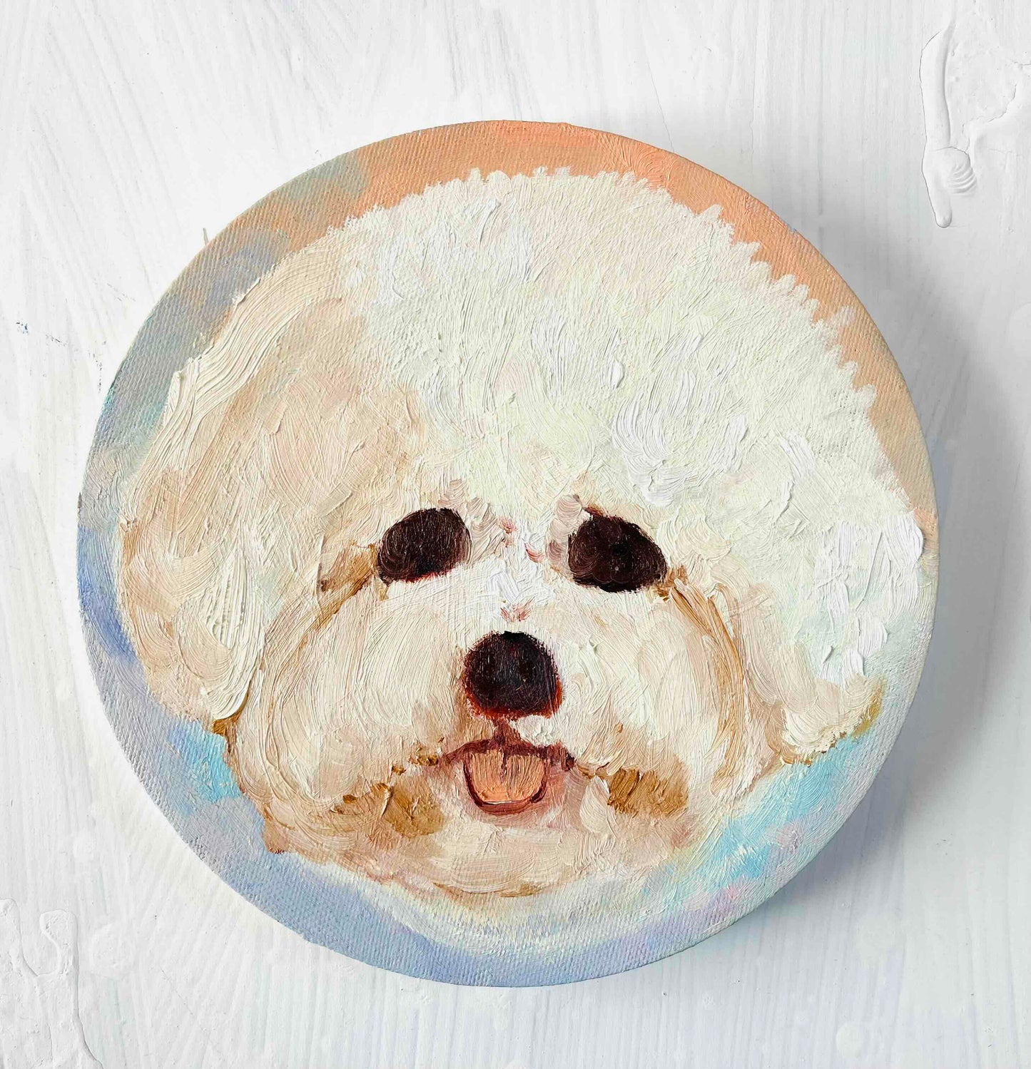 原画・油彩『ペロ』絵画・ 直径20cm　犬　DOG ・アート丸形キャンバス