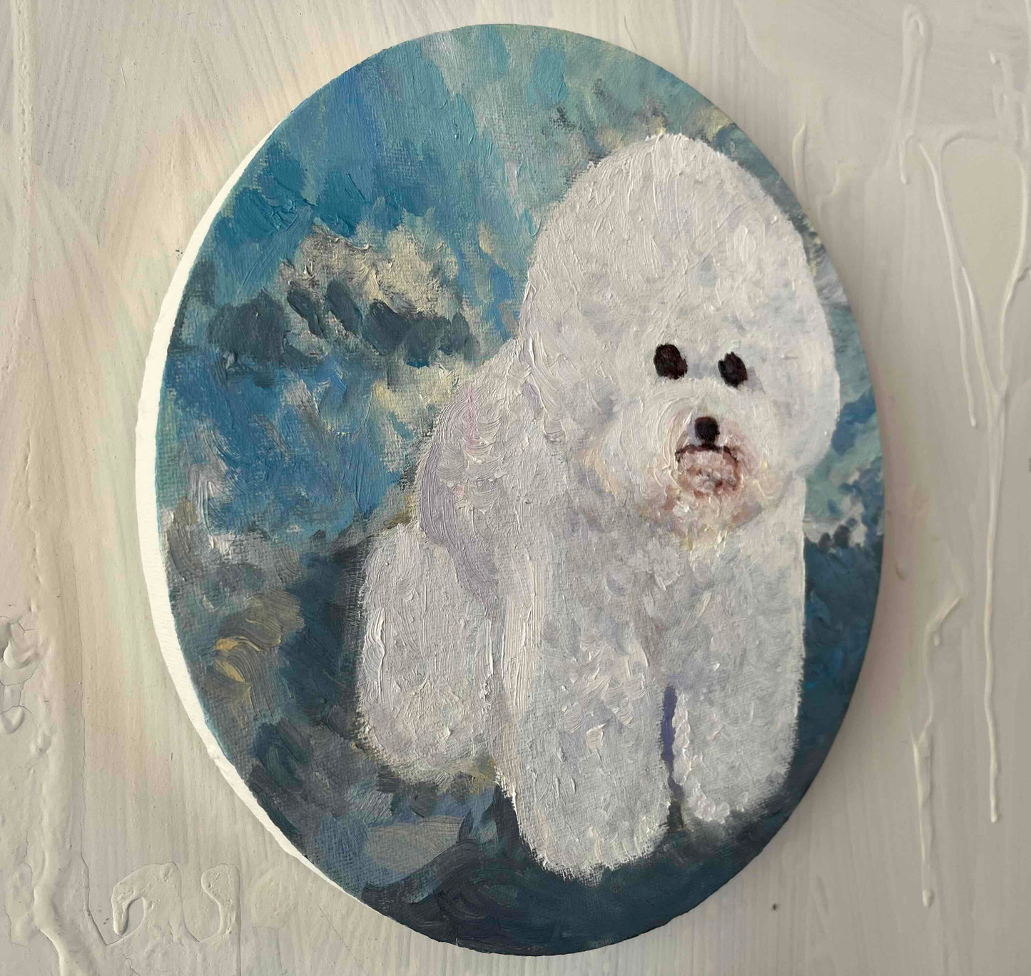 原画・油彩 犬・DOG『ビジョンフリーゼ全身像20261』絵画・ 直径25cm・アート・丸形キャンバス