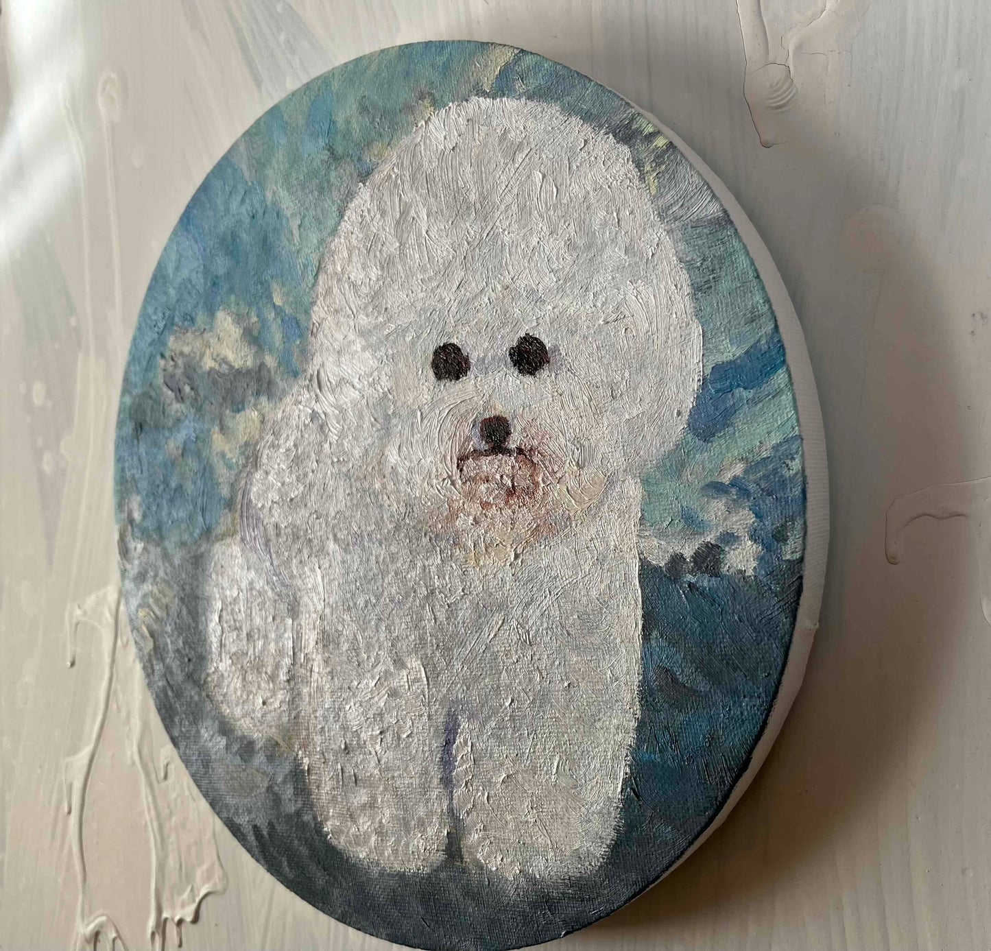 原画・油彩 犬・DOG『ビジョンフリーゼ全身像20261』絵画・ 直径25cm・アート・丸形キャンバス