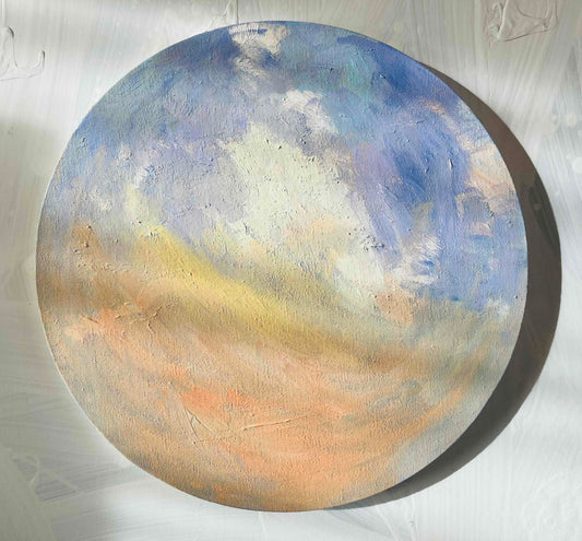 原画・油彩『朝の空』 絵画 ・直径30cm・アート・ 丸形キャンバス
