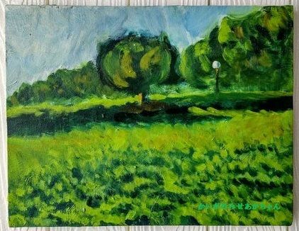 「原画・油彩「公園」絵画・F5（27×34㎝）アート・キャンバス