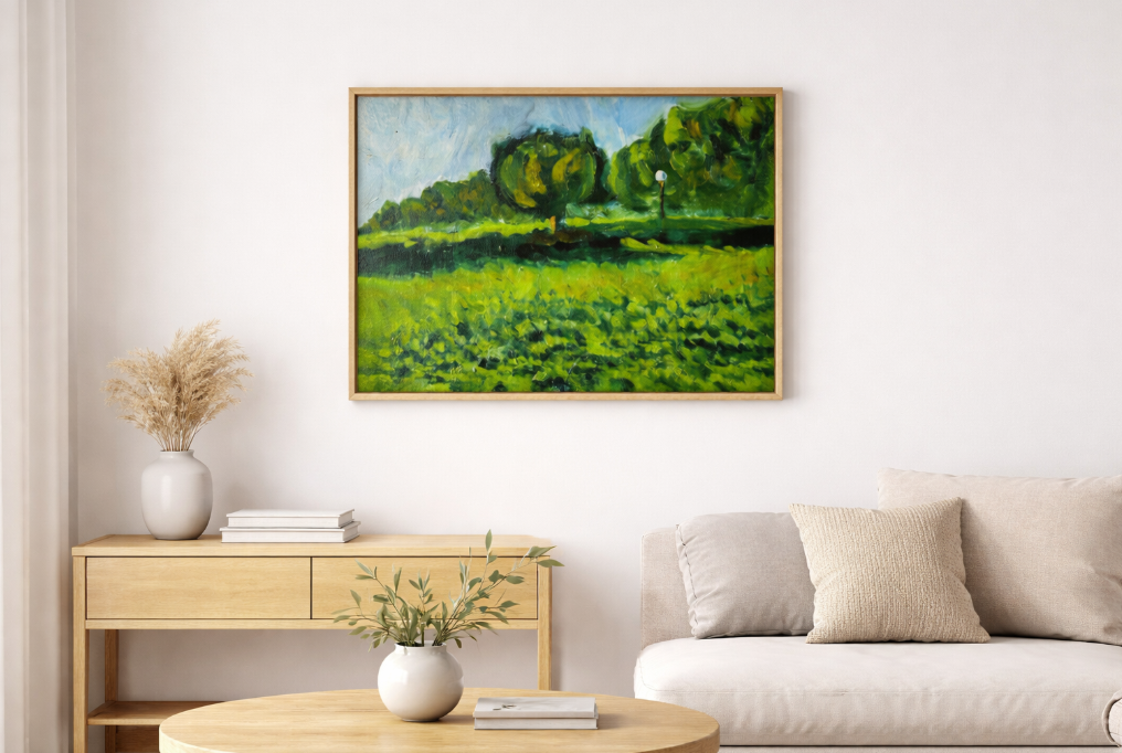 「原画・油彩「公園」絵画・F5（27×34㎝）アート・キャンバス
