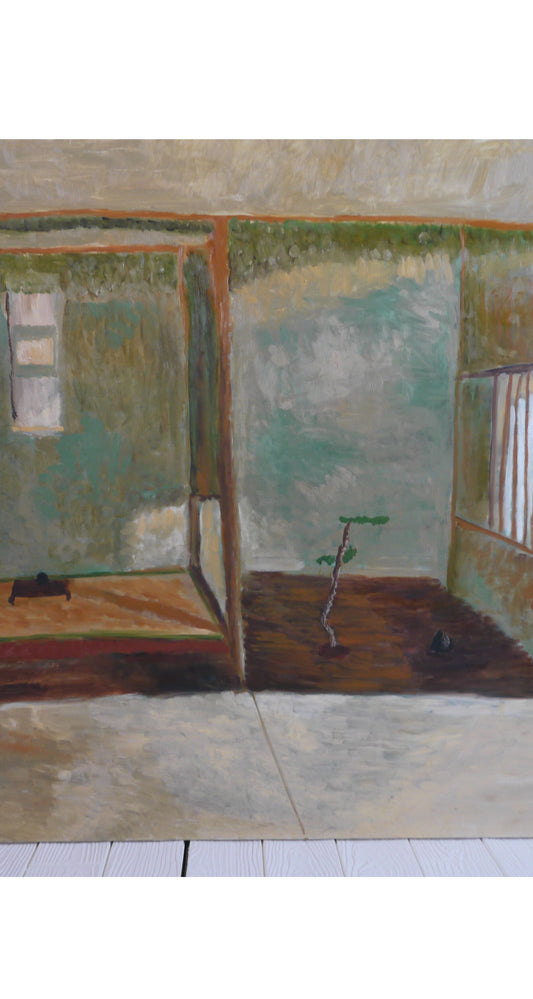原画・油彩「掛け軸と石と盆栽がある床の間」絵画・F60（97×130㎝）アート・キャンバス