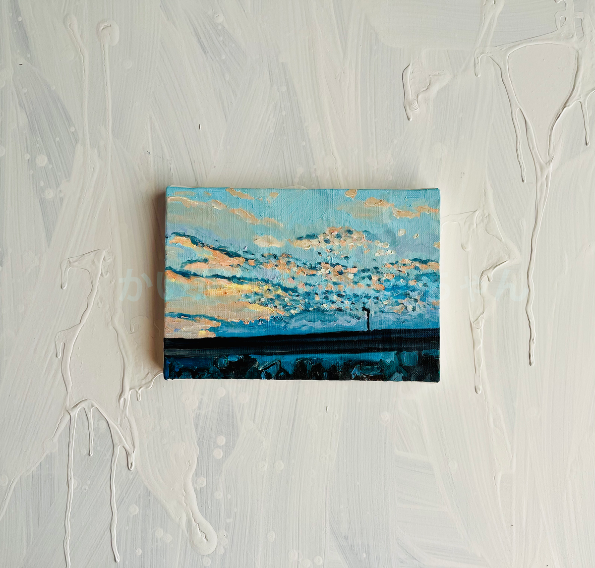 油彩・原画「優しい夕空」絵画・サムホール（16×23㎝）アート・キャンバス