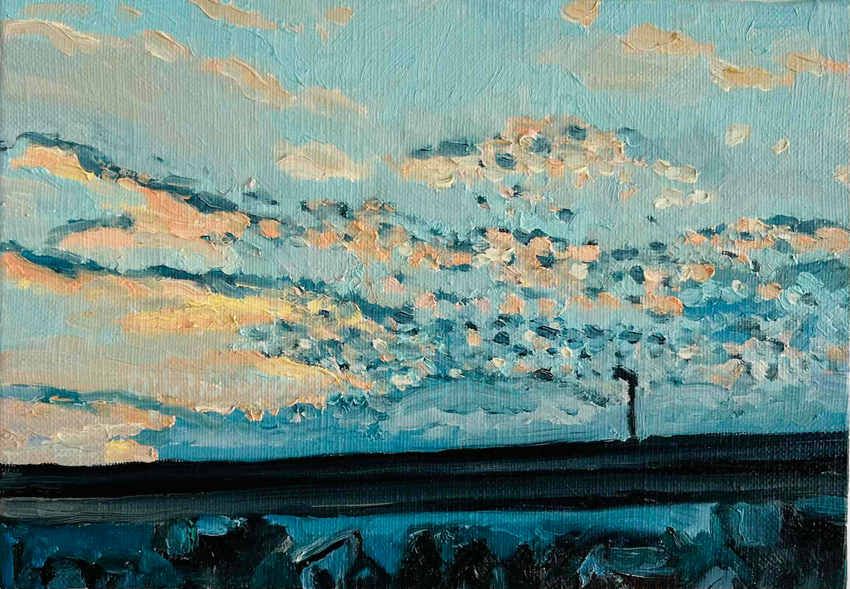 油彩・原画「優しい夕空」絵画・サムホール（16×23㎝）アート・キャンバス