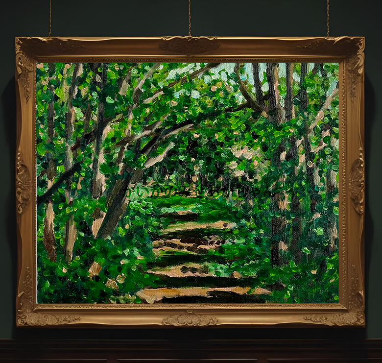 原画・油彩「森の散歩道」絵画・F3（22×27㎝）アート・キャンバス