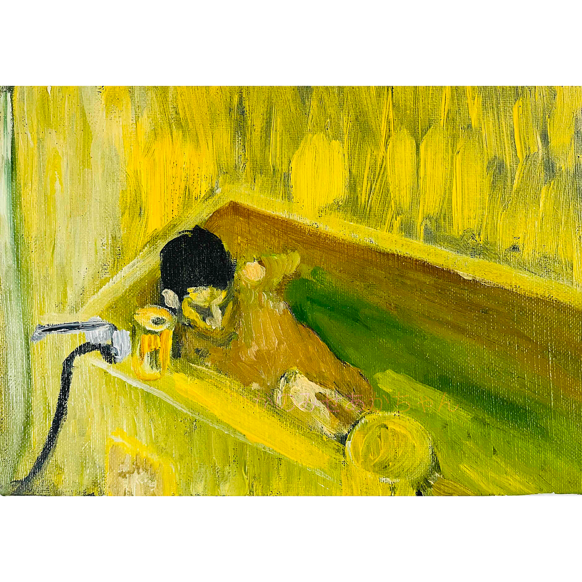 原画・油彩「痒い背中」絵画・サムホール（16×23㎝）アート・キャンバス
