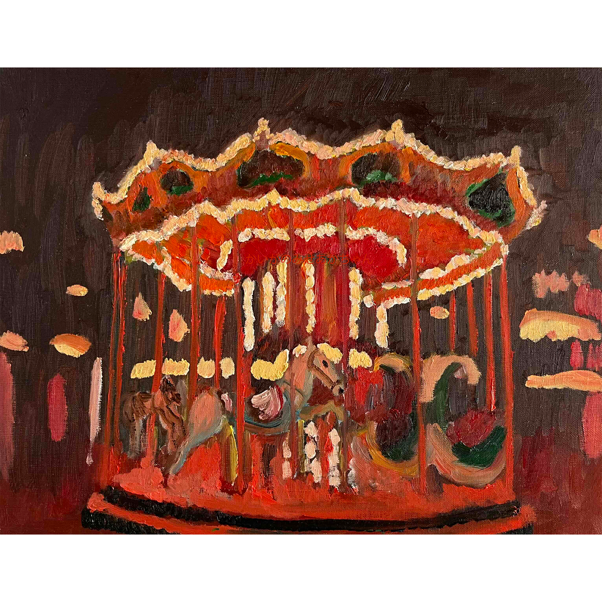 原画・油彩「夜のメリーゴーランド」絵画・F6（32×41㎝）アート・キャンバス