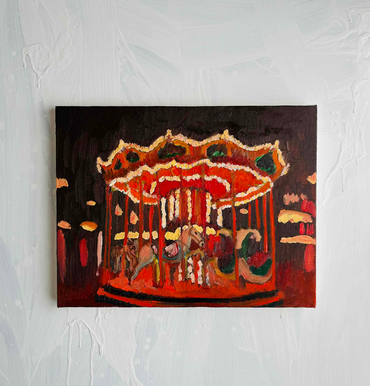 原画・油彩「夜のメリーゴーランド」絵画・F6（32×41㎝）アート・キャンバス