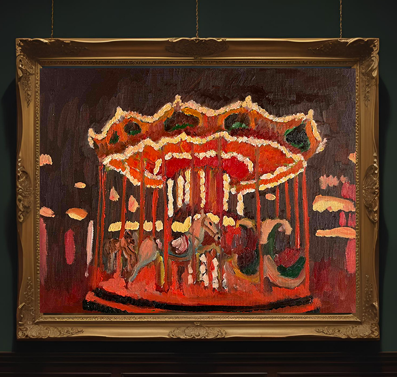 原画・油彩「夜のメリーゴーランド」絵画・F6（32×41㎝）アート・キャンバス