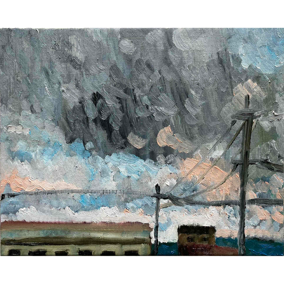 原画・油彩「工場と空」絵画・F3（22×27㎝）