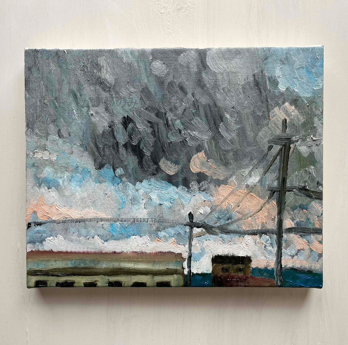 原画・油彩「工場と空」絵画・F3（22×27㎝）