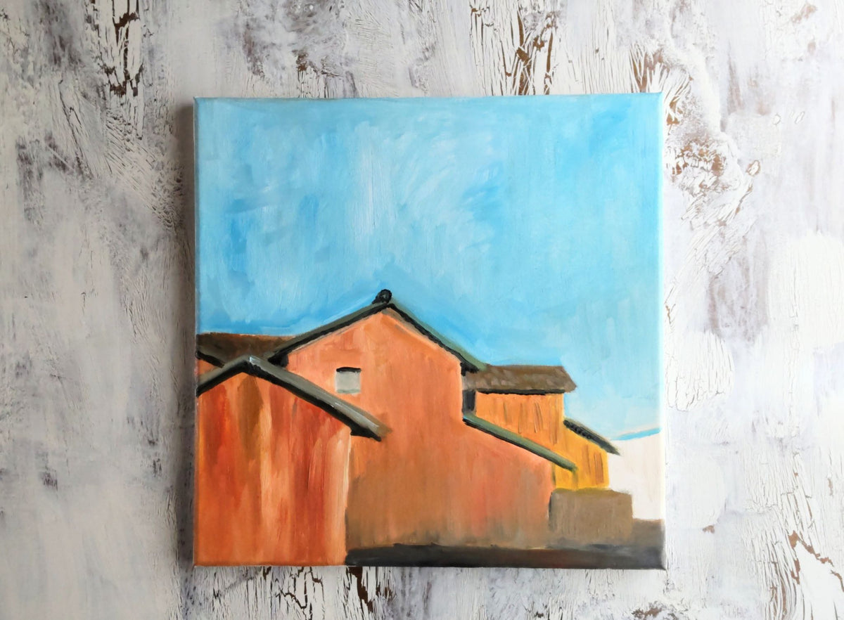 原画・油彩「西日を浴びるトタン造りの家」絵画・S8（約46㎝角）アート・キャンバス