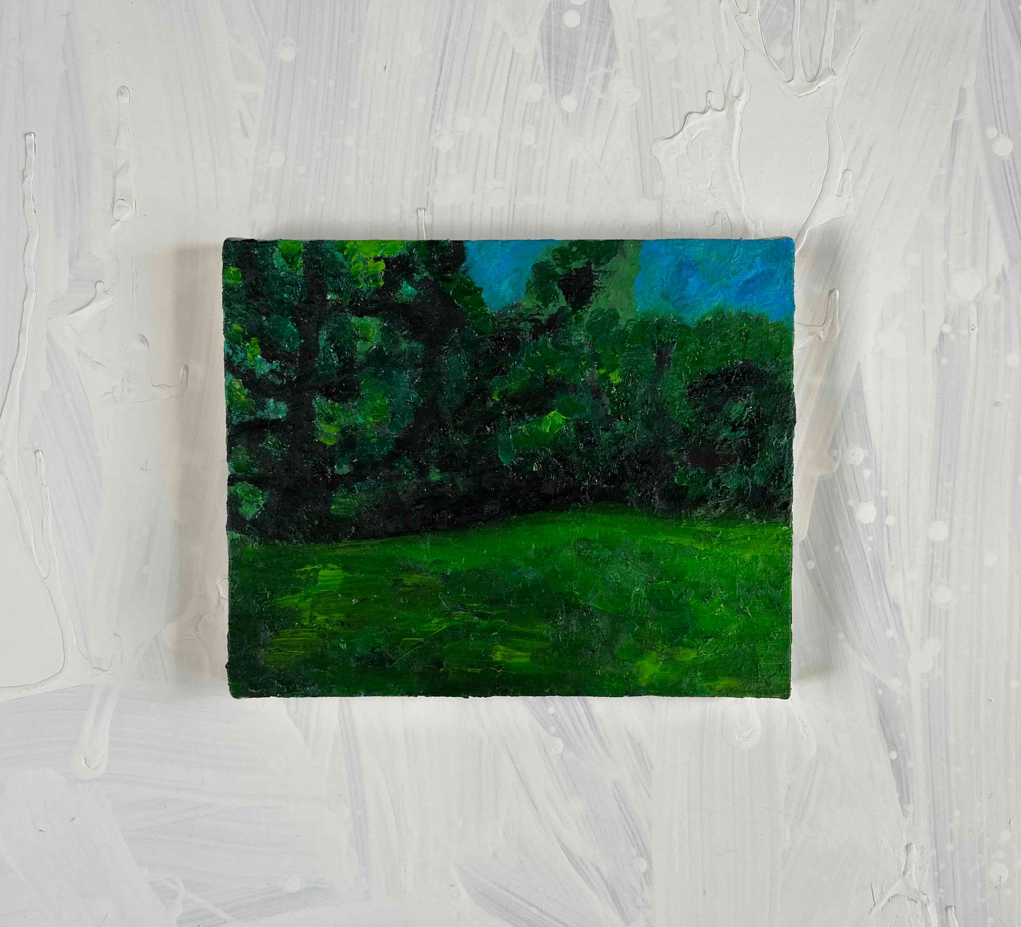 油絵、芸術品:割引価格、12日までのみです 原画・油彩「夏の公園 2026」絵画 ・F3（22×27㎝ ）アート・キャンバス