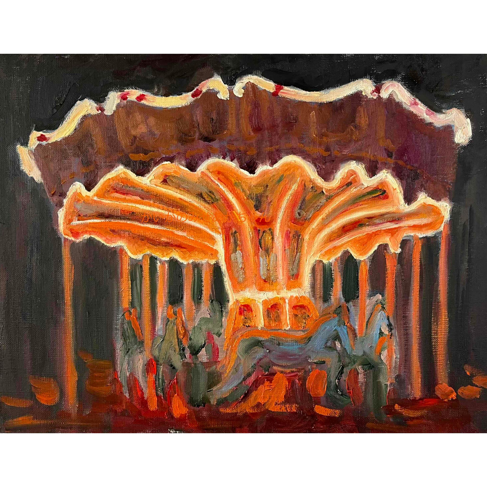 原画・油彩 「夜のメリーゴーランド7」 絵画・ F6（32×41cm ）アート