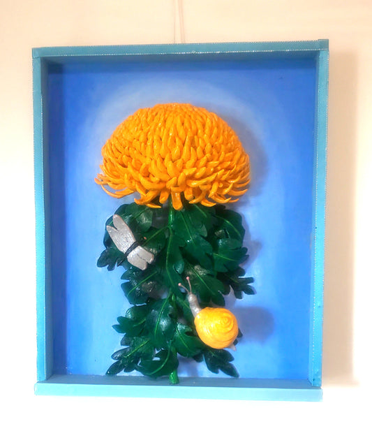 「菊と近寄る昆虫」の立体絵画