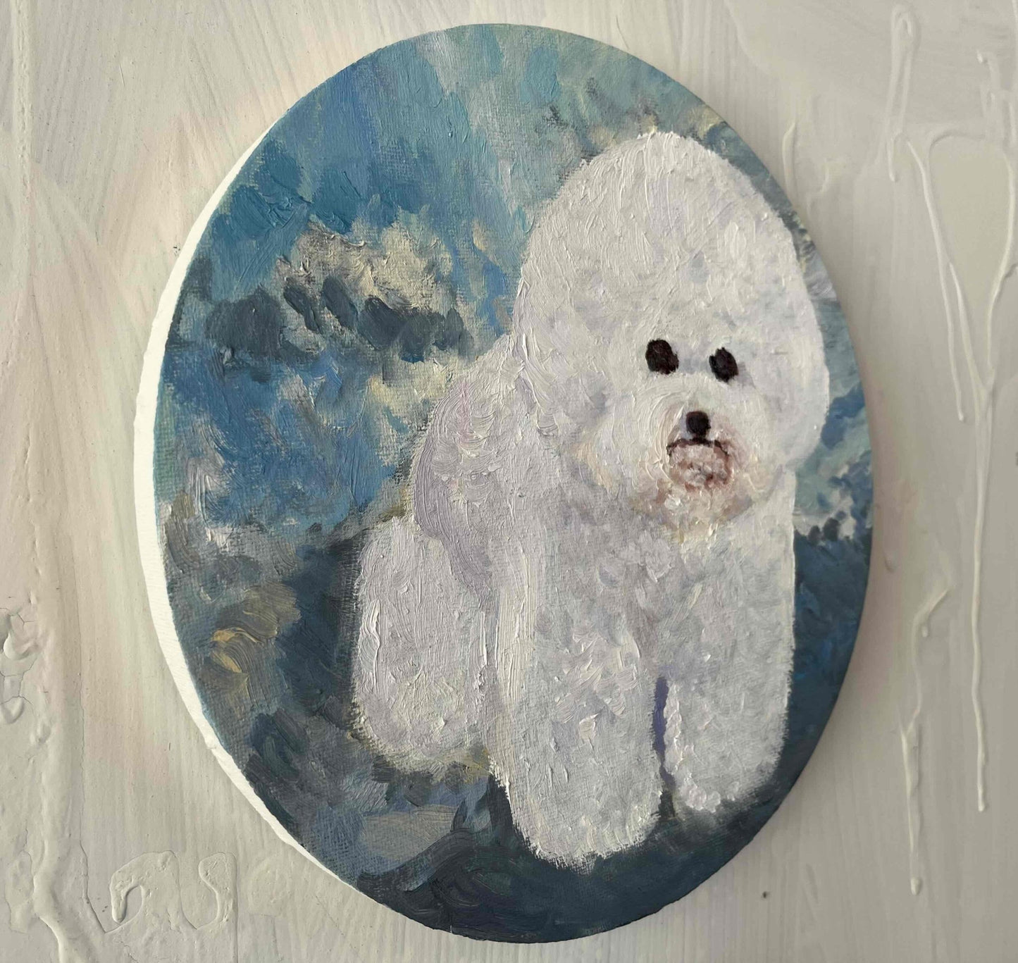 原画・油彩 犬・DOG『ビジョンフリーゼ全身像20261』絵画・ 直径25cm・アート・丸形キャンバス - FROM ARTIST