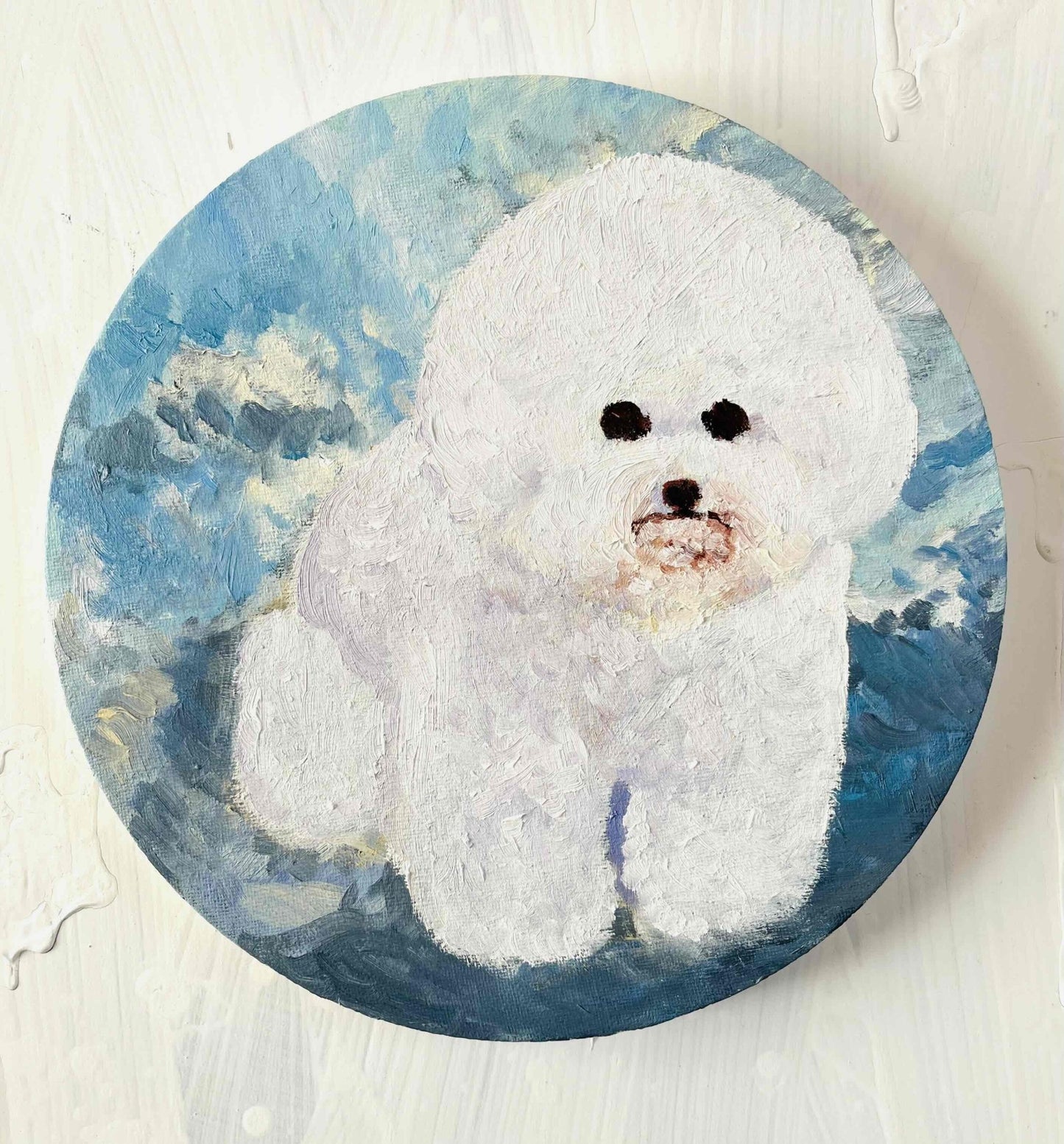 原画・油彩 犬・DOG『ビジョンフリーゼ全身像20261』絵画・ 直径25cm・アート・丸形キャンバス - FROM ARTIST