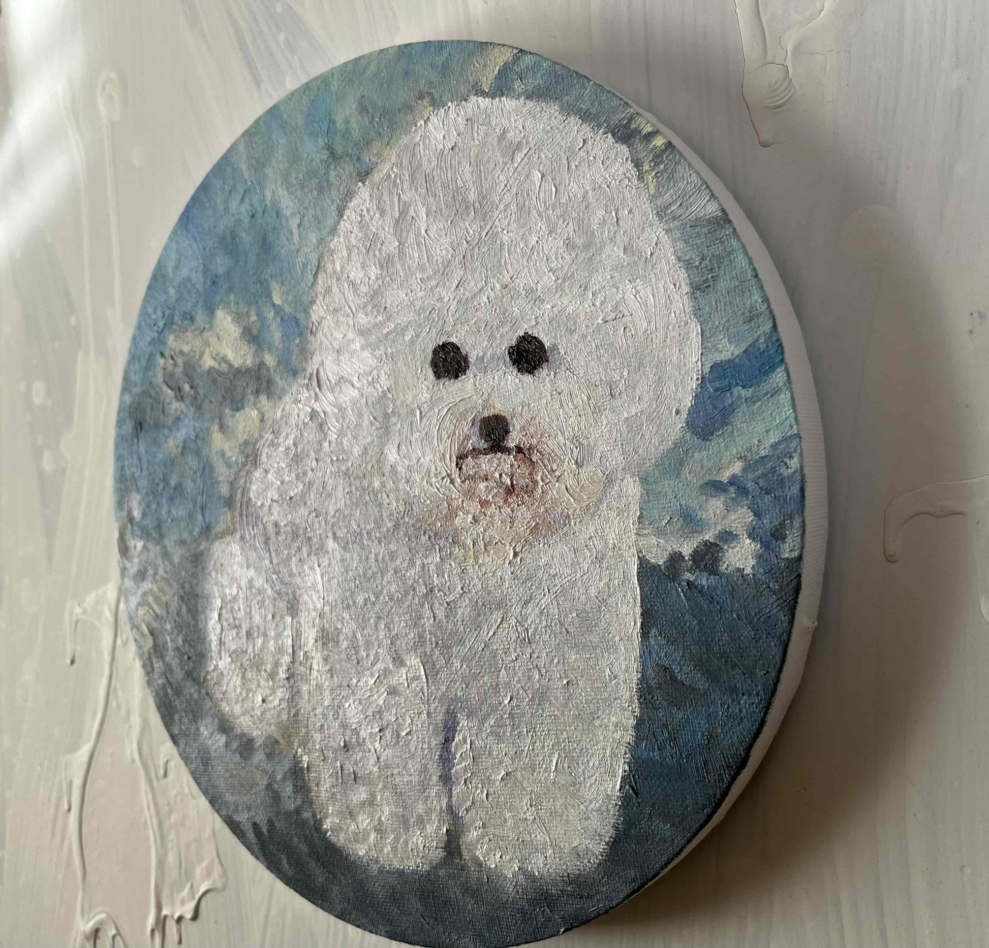 原画・油彩 犬・DOG『ビジョンフリーゼ全身像20261』絵画・ 直径25cm・アート・丸形キャンバス - FROM ARTIST