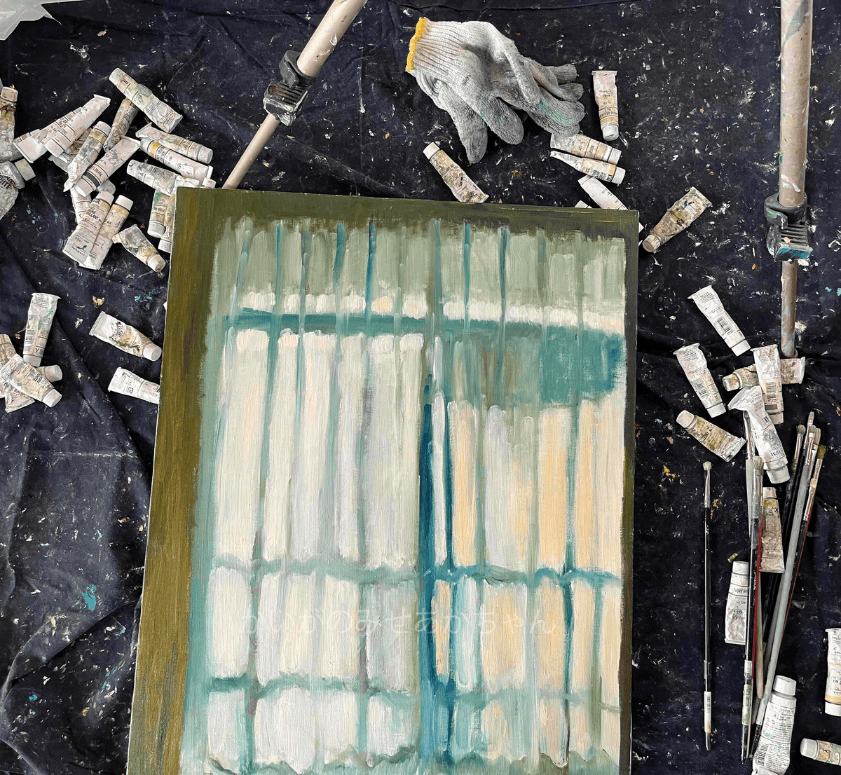 原画・油彩「サッシと洗濯物の影が透けて見えるカーテン」絵画・F12（50×61㎝）アート・キャンバス - FROM ARTIST