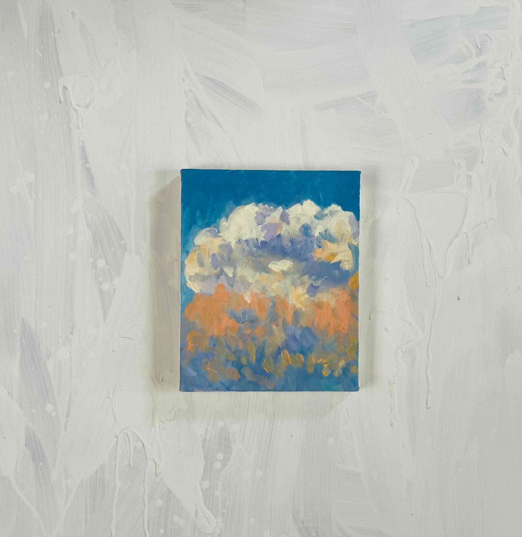 原画・油彩「夏の夕方の空」絵画 ・F3（22×27㎝ ）アート・キャンバス