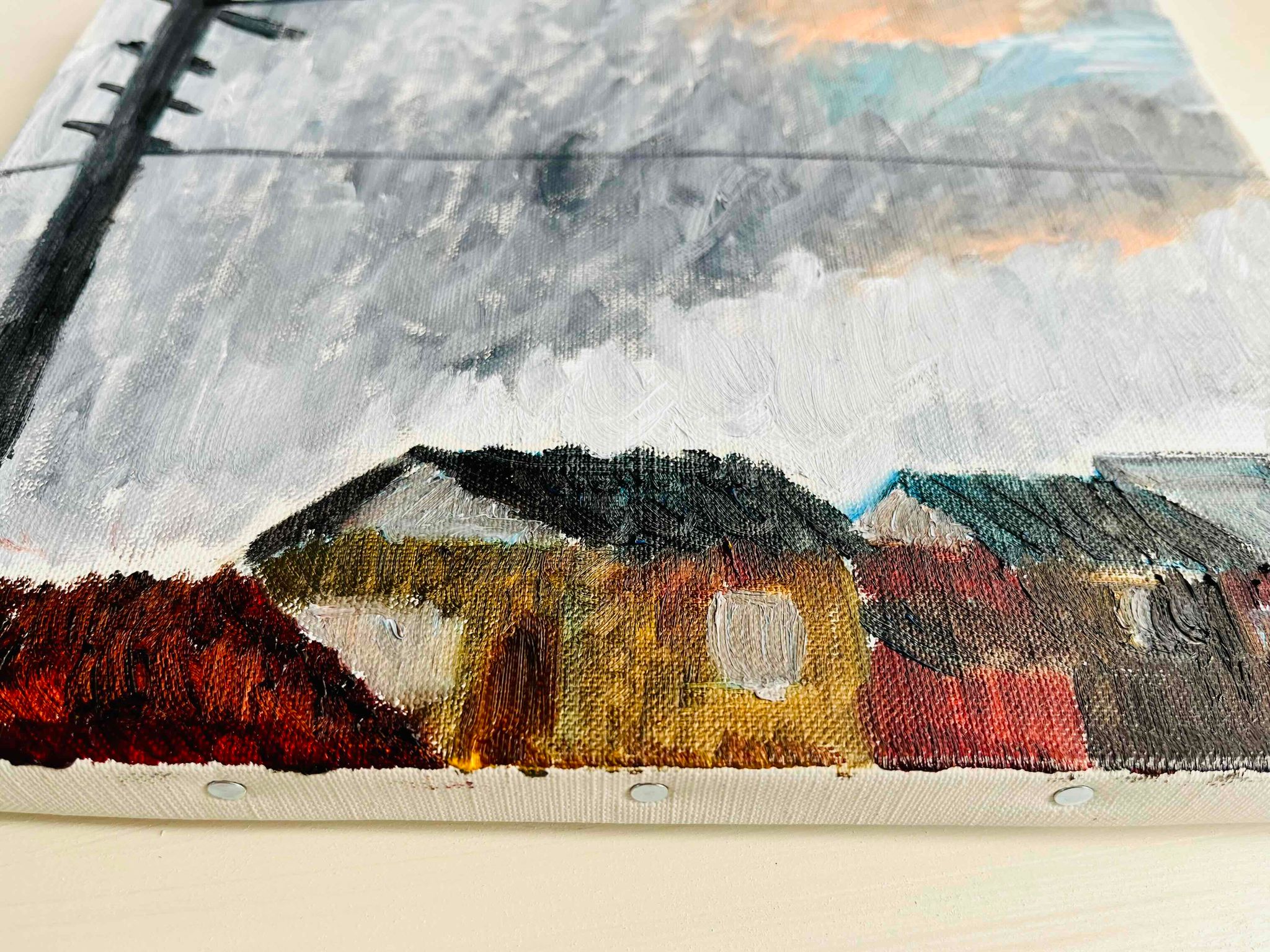 原画・油彩「住宅の在る風景」絵画・F3（22×27㎝）アート・キャンバス