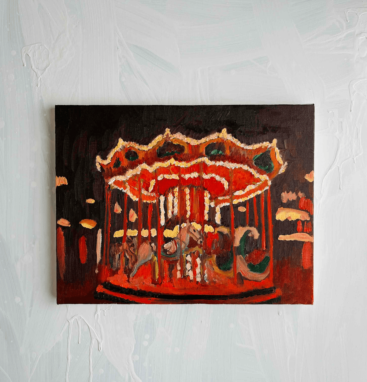 原画・油彩「夜のメリーゴーランド」絵画・F6（32×41㎝）アート・キャンバス - FROM ARTIST