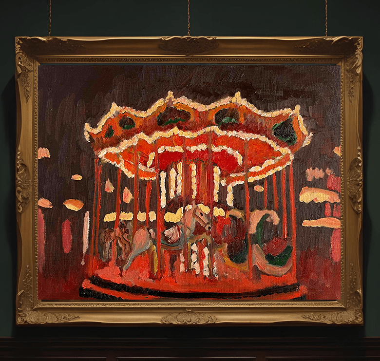 原画・油彩「夜のメリーゴーランド」絵画・F6（32×41㎝）アート・キャンバス - FROM ARTIST