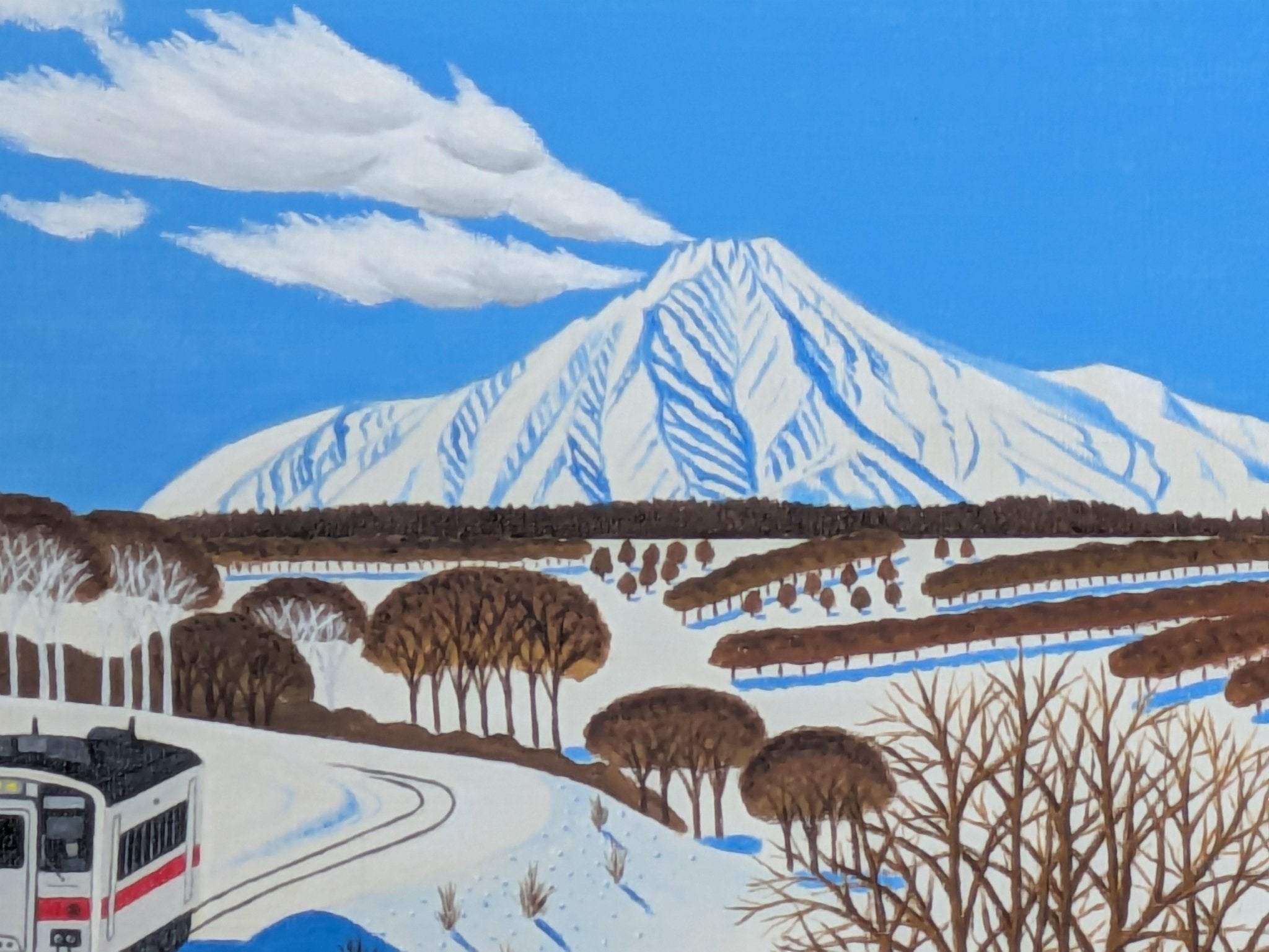 ★冬の利尻富士と走る電車・肉筆油彩画・F6キャンバスのみ 絵画の通販、購入ならFROM ARTIST/作品名：冬の利尻富士と走る電車