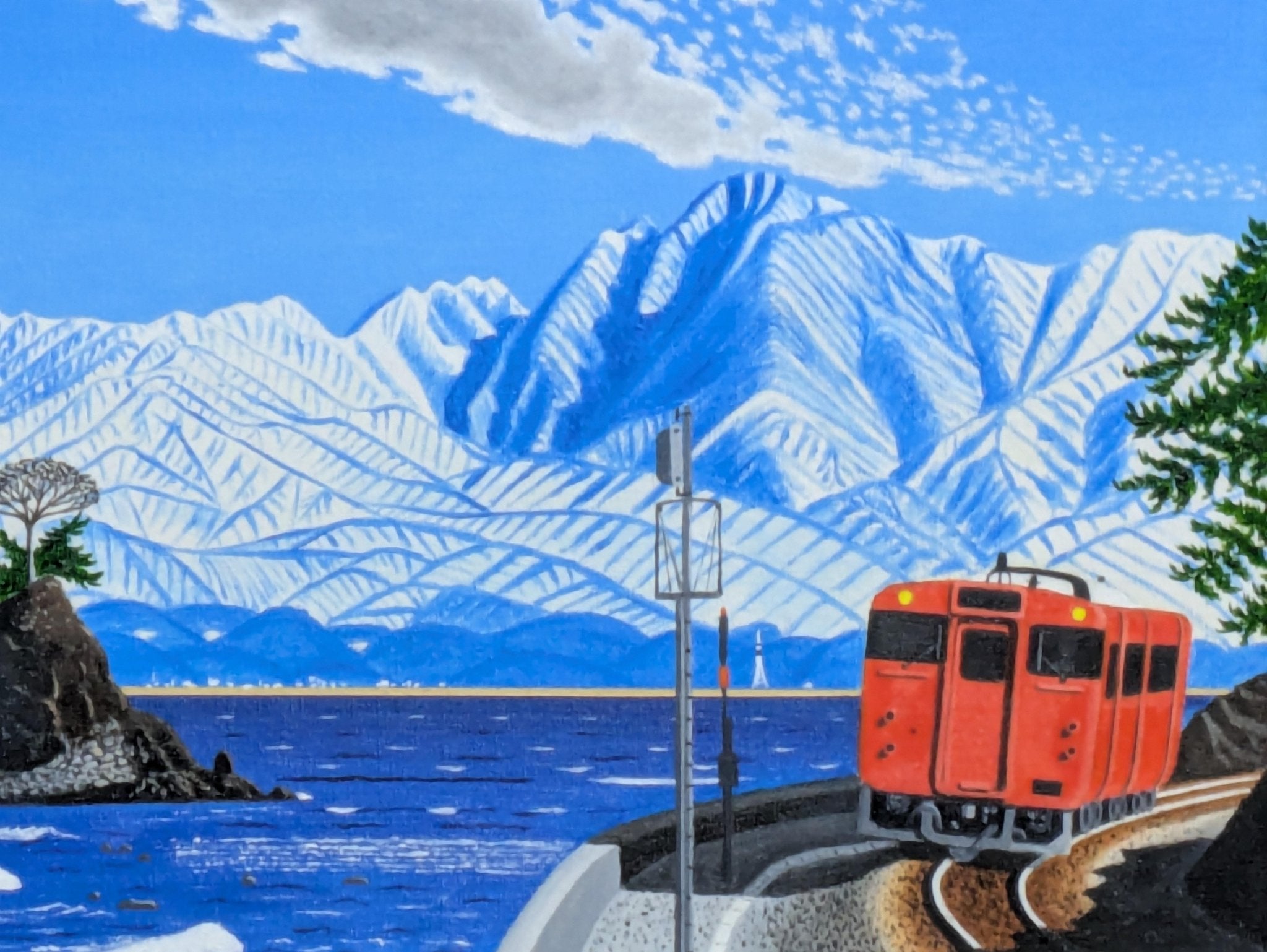 ★夕焼けの雨晴海岸・谷村一男作・肉筆油彩画・4つ切・新品額付 絵画の通販、購入ならFROM ARTIST/作品名：雨晴海岸を走る電車/作家名