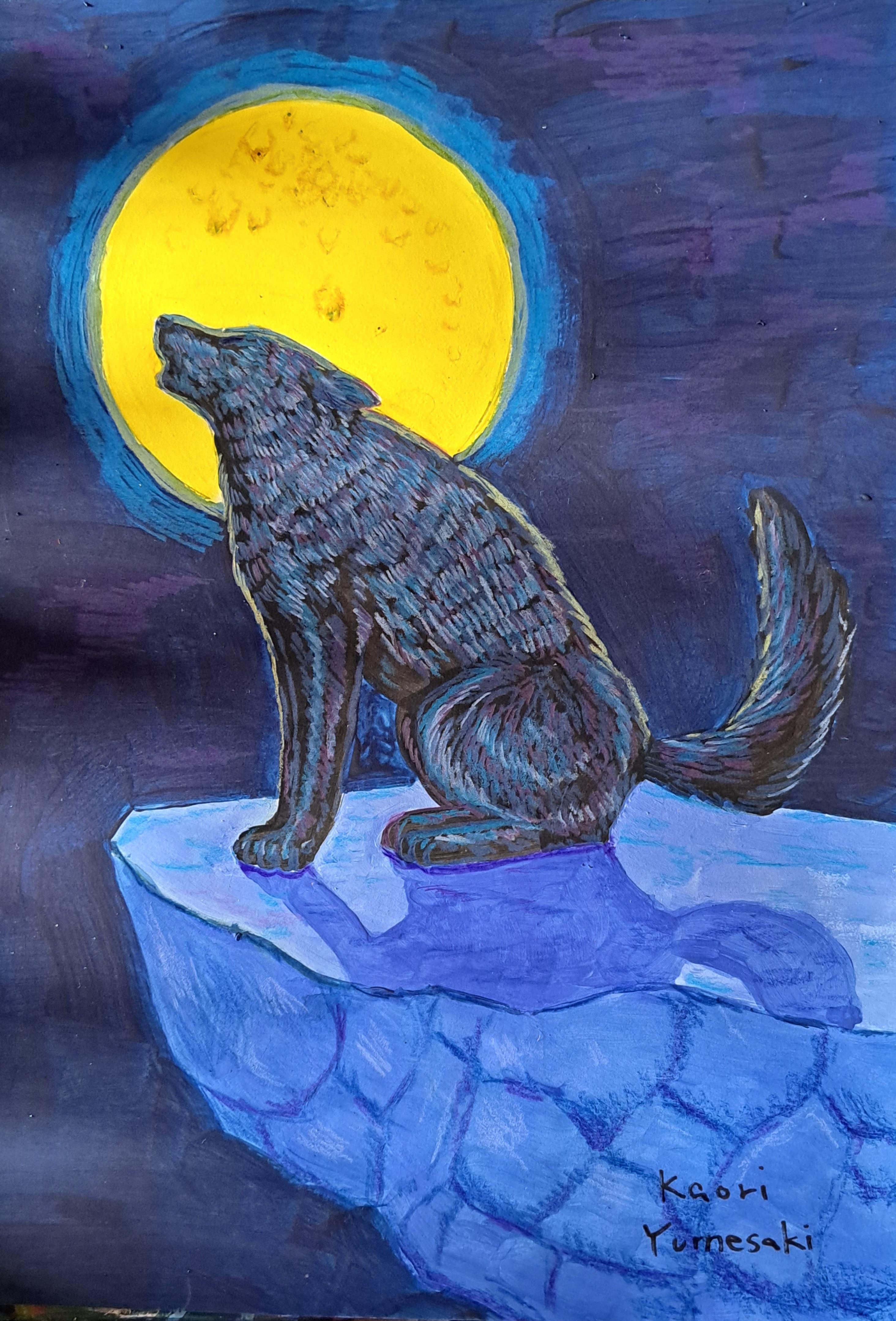 アクリル画 オオカミの遠吠え - 絵画